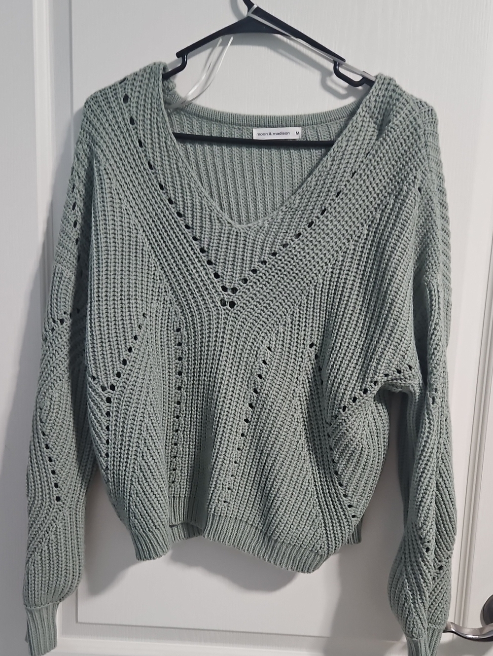 Madison Sage Green Open-Stitch V-Neck Sweater